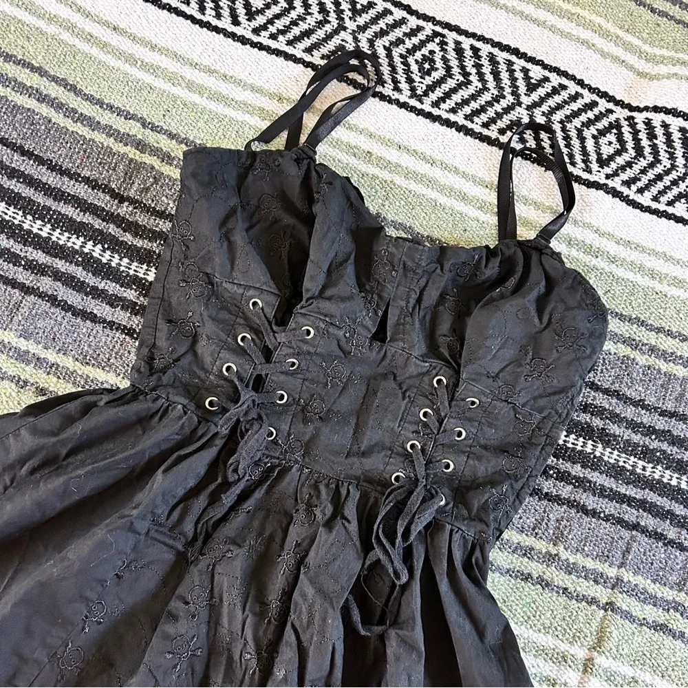 Royal Bones by Daang black cotton eyelet skull embroidered lace up mini dress - Picture 2 of 9